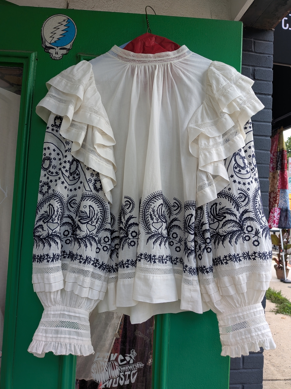 Ulla Johnson Annetta Cream Blouse with Navy Embroidery and Ruffle Sleeves
